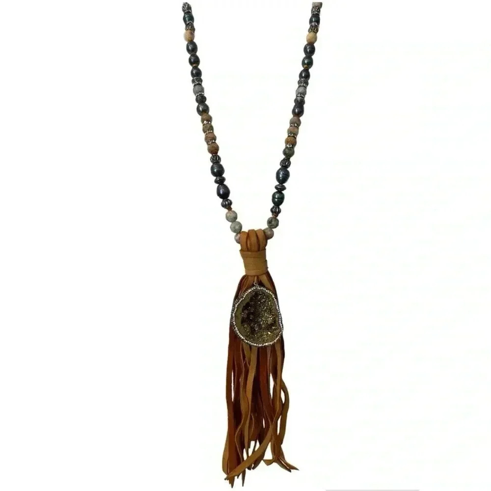 High End statement Long Necklace Southwestern Leather pearls geode crystal Brown